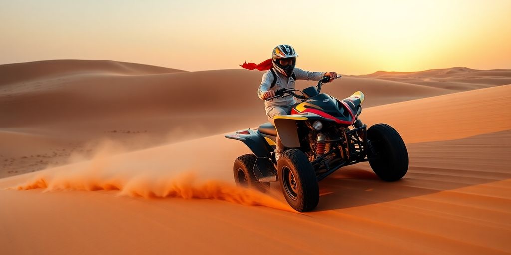 Quad bikers racing through the dubai sandy dunes