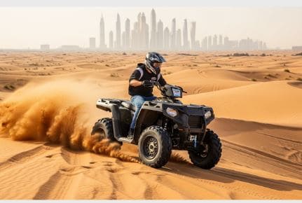 Guided Desert Quad Bike Rides Rider navigating a powerful black quad bike through Dubai's desert with city skyline in the background during a guided off-road adventure - Guided Desert Quad Bike Rides