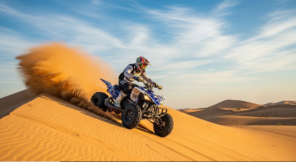 Quad Bike Rental Dubai Rider on a blue quad bike kicking up sand while riding across the golden dunes of Dubai under a clear blue sky - Quad Bike Rental Dubai